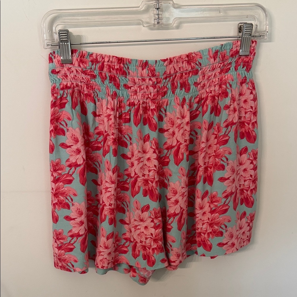 LOFT Aqua and Pink Floral Smocked Waist Skirt/Shorts